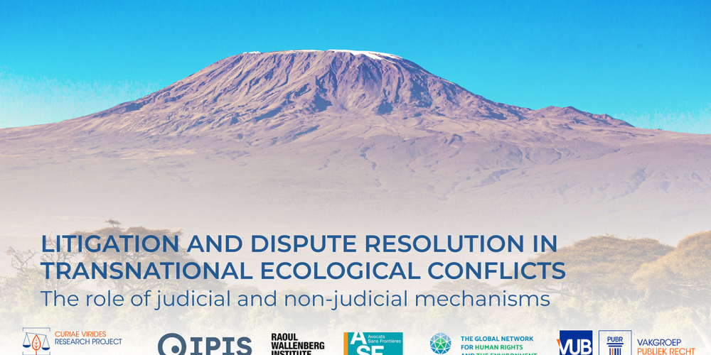 Event banner for Litigation in Transnational Ecological Conflicts workshop Mountain with blue sky