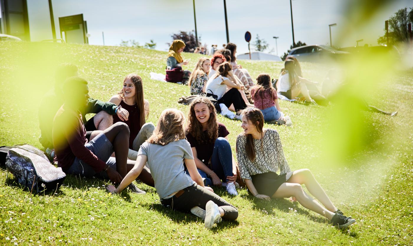 Studenten op grasveld aan het praten op Health Campus in Jette