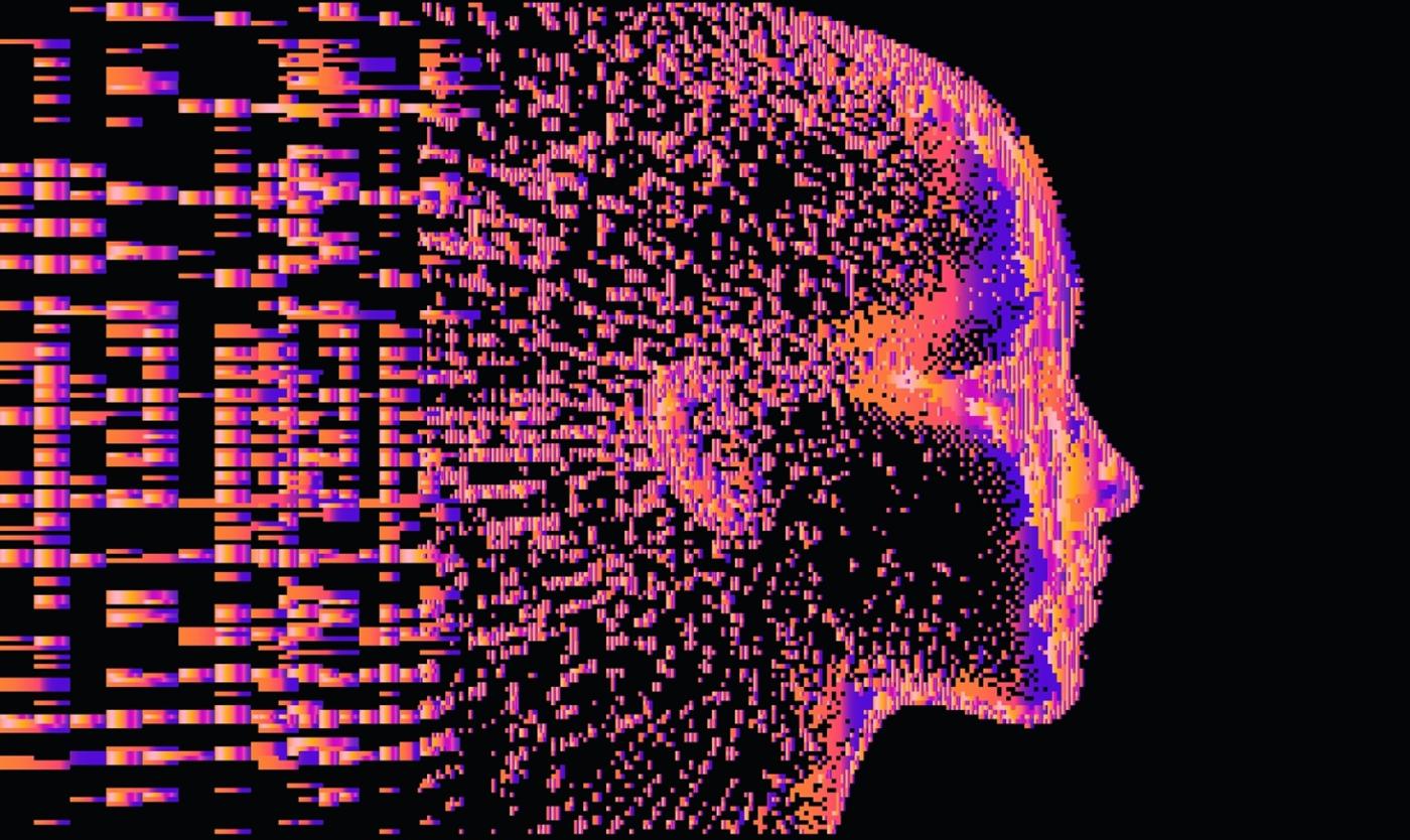 A vector picture of a human face in profile emerging out of a glitched noise