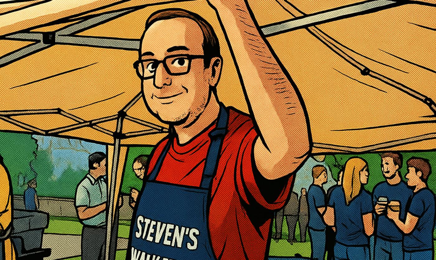 Image of Steven in comic book style with an apron which says 'Steven's Walkathon'