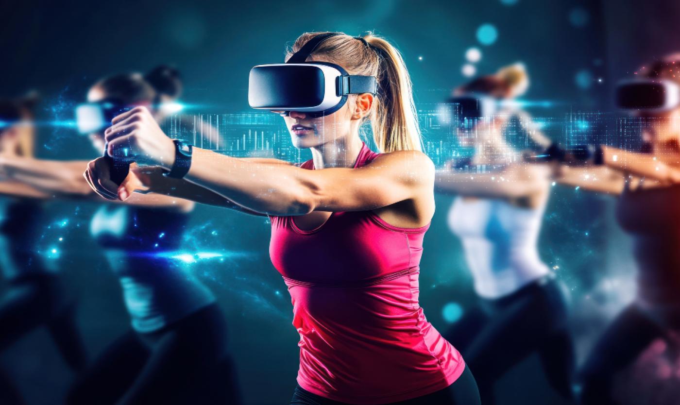 Woman exergaming with VR