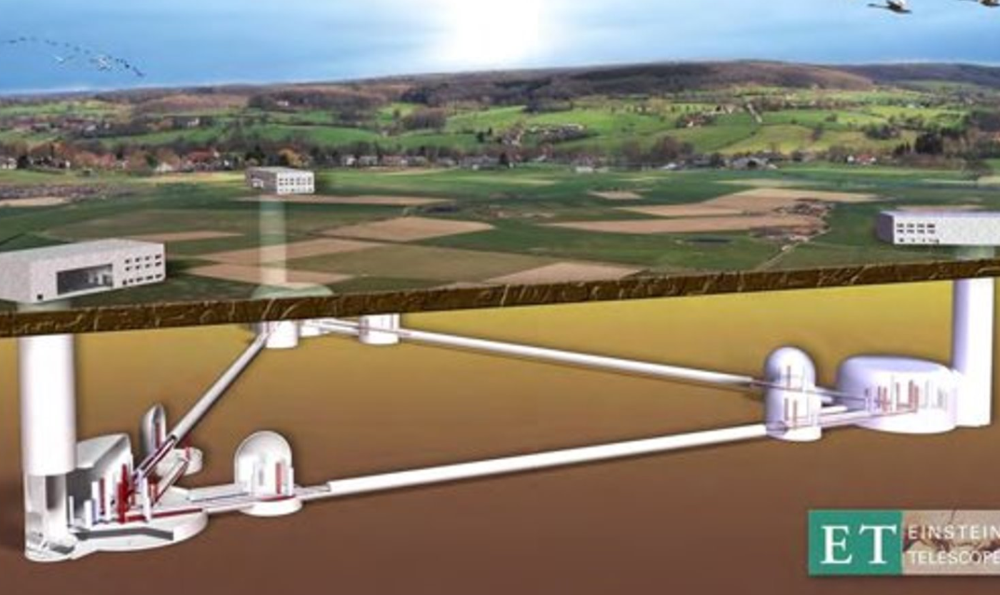 Voorstelling van hoe de Einstein Telescoop er ongeveer zal uitzien in het landschap.
