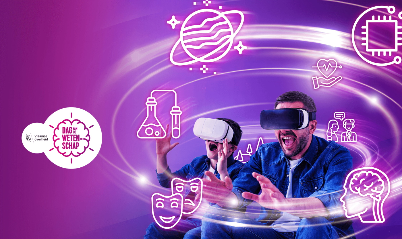 Verbaasde, enthousiaste ouder en tiener met VR bril omringd door wetenschapselementen