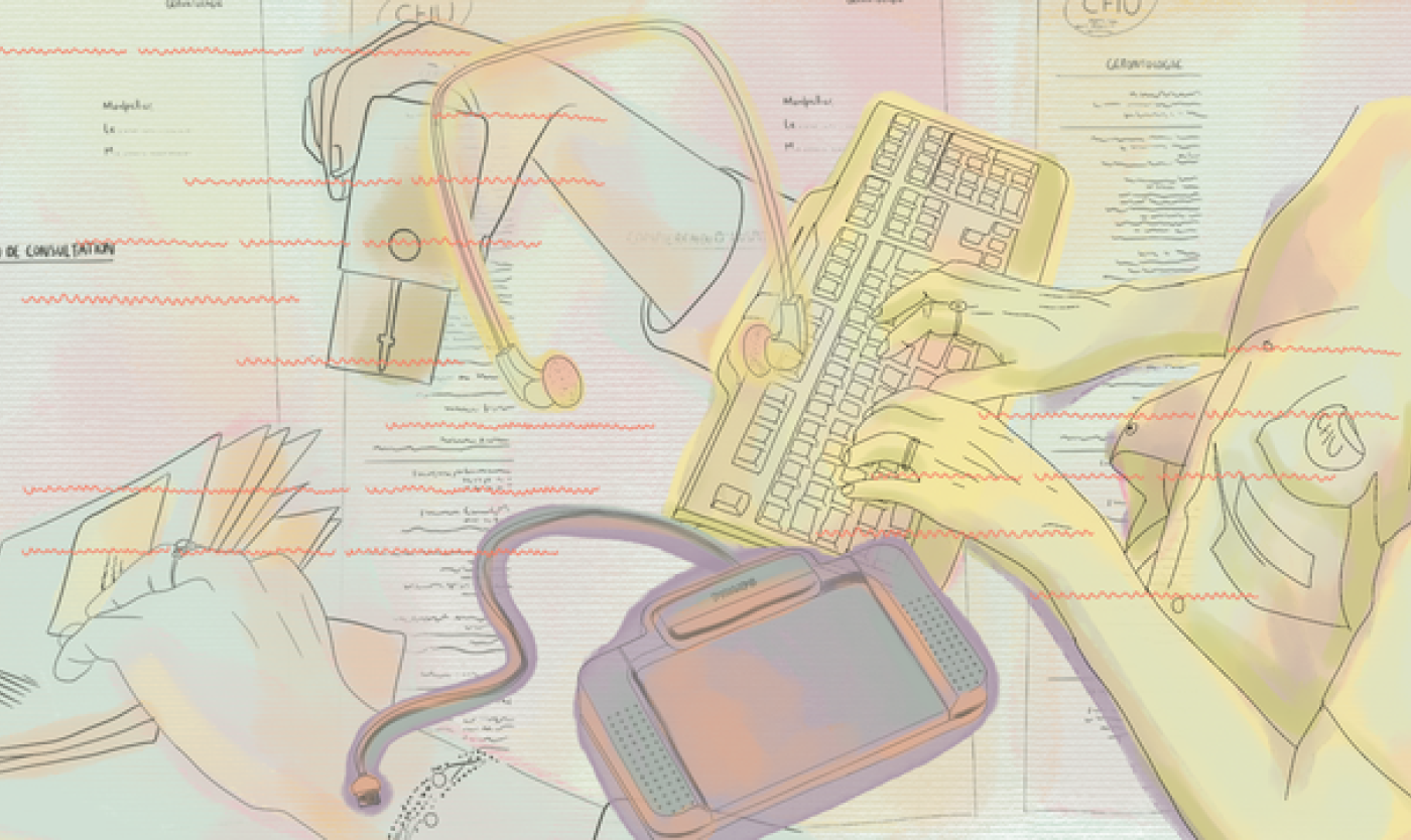 De_afbeelding_toont_kleurrijke_illustraties_die_verschillende_objecten_in_een_secretariaat_voorstellen_op_de_achtergrond_gedrukte_notulen. Boven_de_handen_van_een_medisch_secretaresse_die_op_haar_toetsenbord_typt_ 