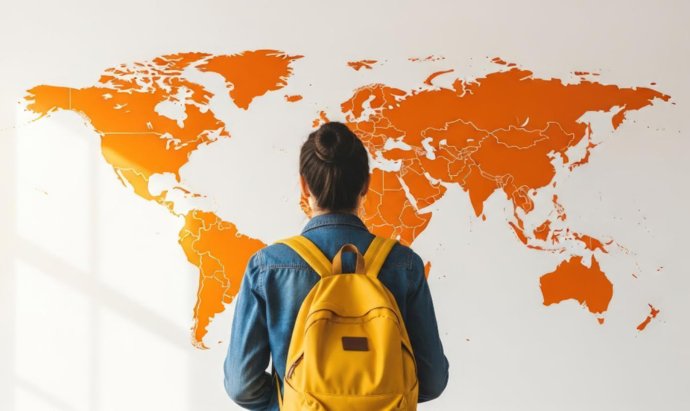 Woman looking at world map