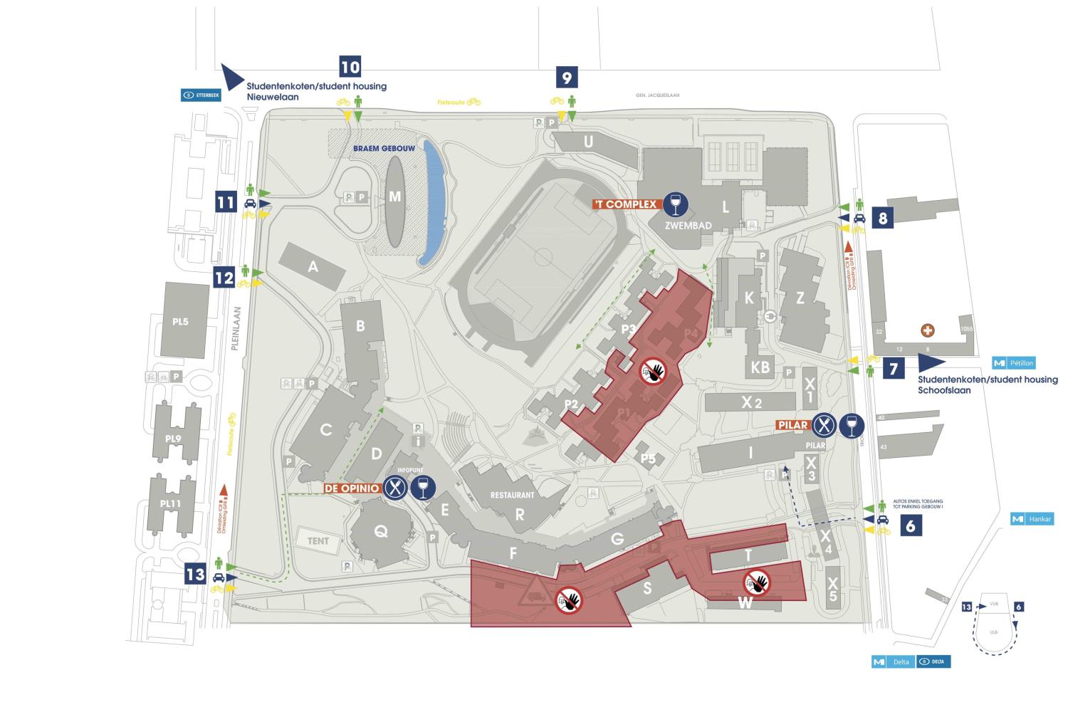 Het campusplan van de VUB Main Campus in Etterbeek