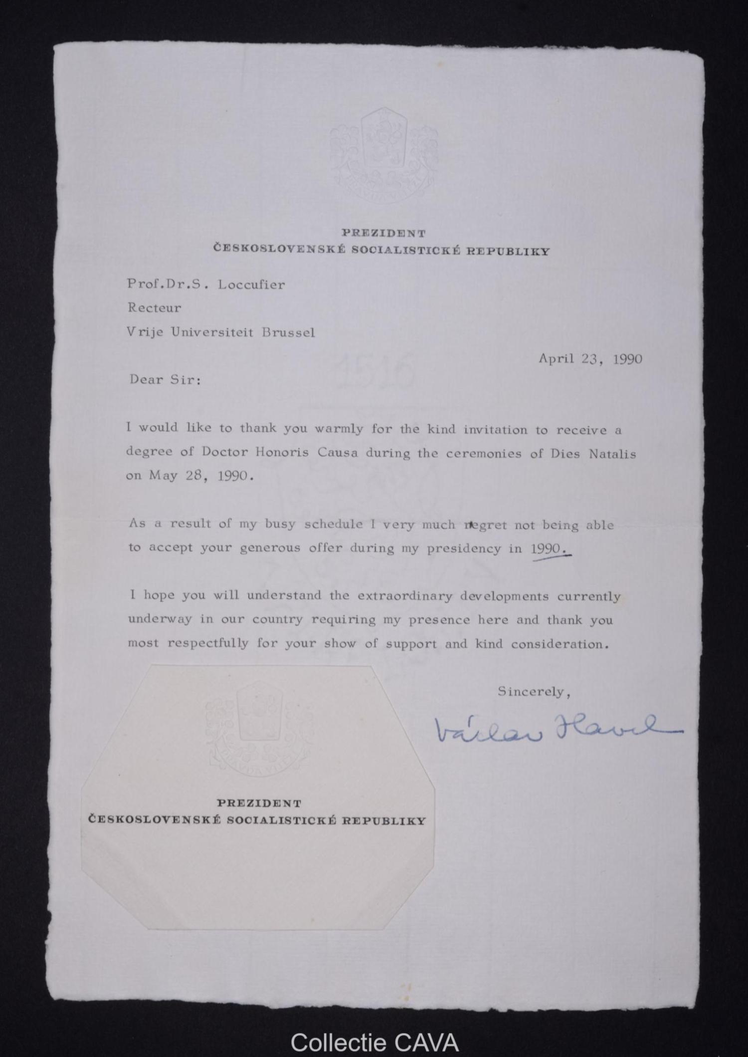 Brief van Vaclav Havel aan rector Loccufier