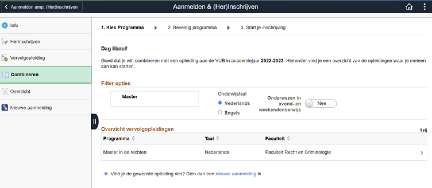 Gecombineerde inschrijving stap 1 op de Student Selfservice website