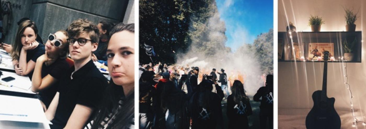 Les in aula, 'spel zonder grenzen' en gitaar Collage van studenten in aula, 'spel zonder grenzen' en gitaar