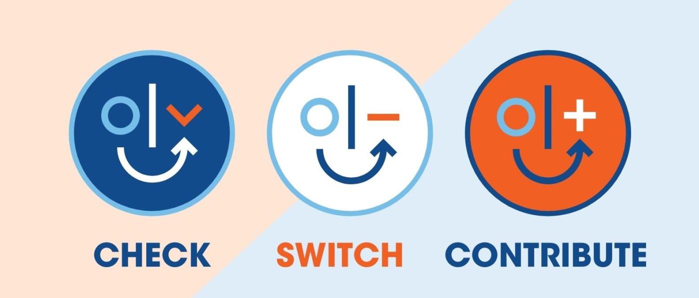 Drie avatars uit de energiecampagne die verwijzen naar check, switch en contribute