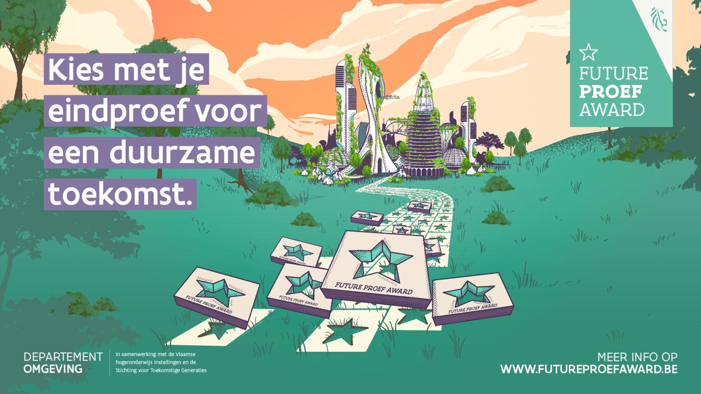 Afbeelding van toekomstige stad in het groen, waar een weg naartoe loopt gemaakt van FutureProef awards. Met de tekst 'Kies met je eindproef voor een duurzame toekomst'.