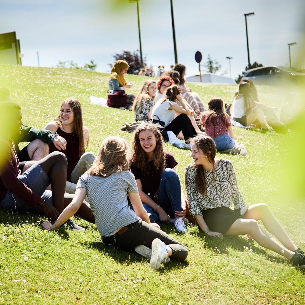 Studenten op grasveld aan het praten op Health Campus in Jette