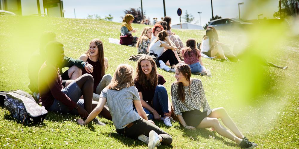 Studenten op grasveld aan het praten op Health Campus in Jette Studenten op grasveld aan het praten op Health Campus in Jette