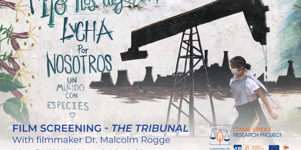 Woman and oil drill with text about The Tribunal film screening