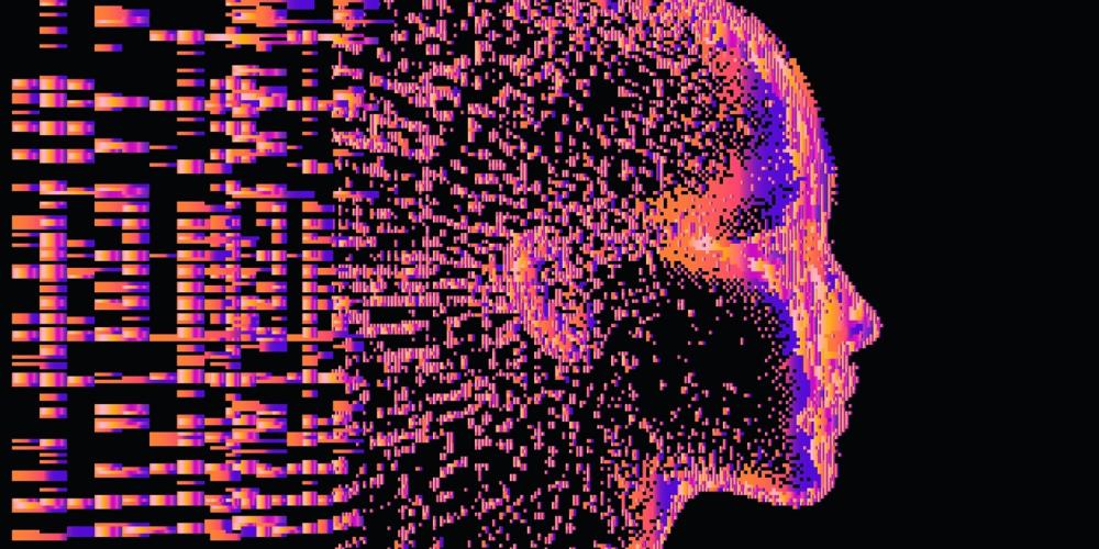 A vector picture of a human face in profile emerging out of a glitched noise