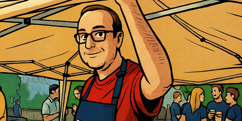 Image of Steven in comic book style with an apron which says 'Steven's Walkathon'