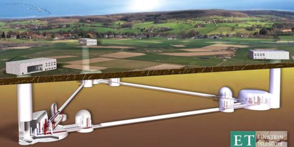 Voorstelling van hoe de Einstein Telescoop er ongeveer zal uitzien in het landschap. Voorstelling van hoe de Einstein Telescoop er ongeveer zal uitzien in het landschap.