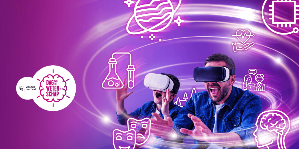 Dag Van de Wetenschap 2025 Verbaasde, enthousiaste ouder en tiener met VR bril omringd door wetenschapselementen