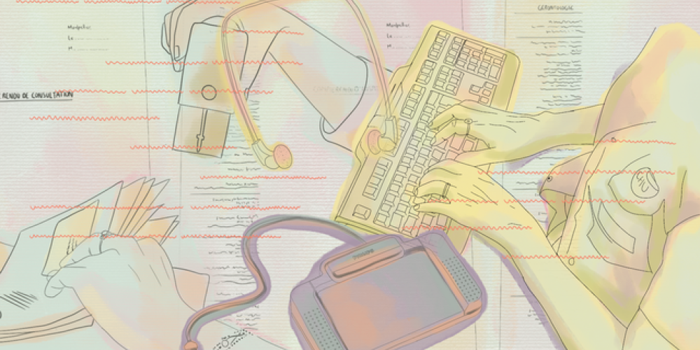 De_afbeelding_toont_kleurrijke_illustraties_die_verschillende_objecten_in_een_secretariaat_voorstellen_op_de_achtergrond_gedrukte_notulen. Boven_de_handen_van_een_medisch_secretaresse_die_op_haar_toetsenbord_typt_ 