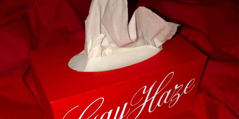 Red tissue box with Gay Haze written on it