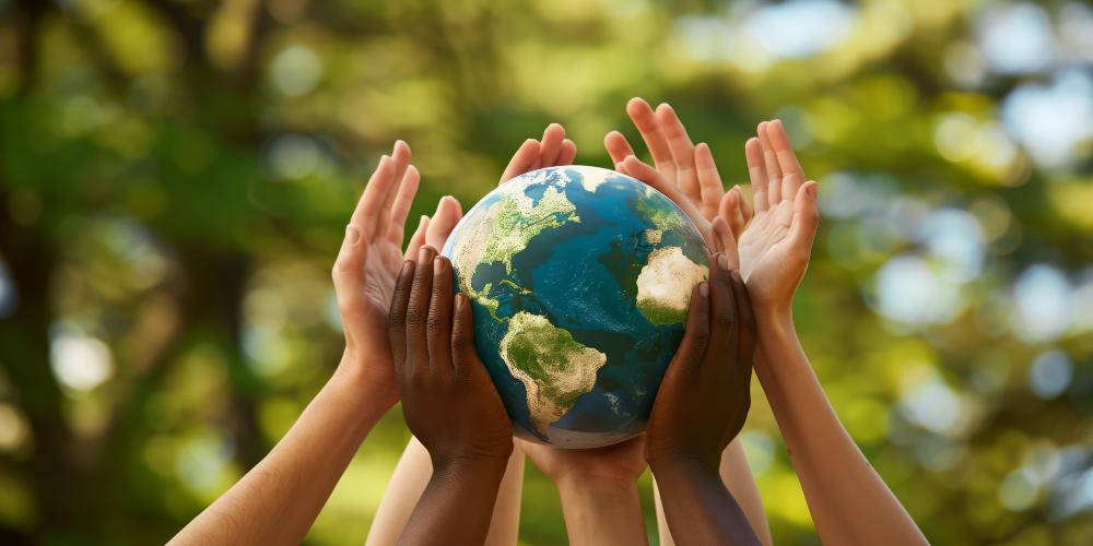Multiple hands holding up a globe